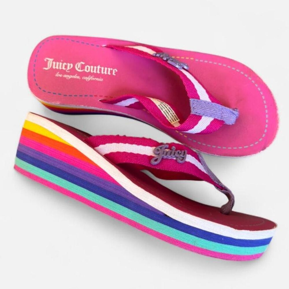 Juicy Couture pink platform flip flops with rainbow stripes sole